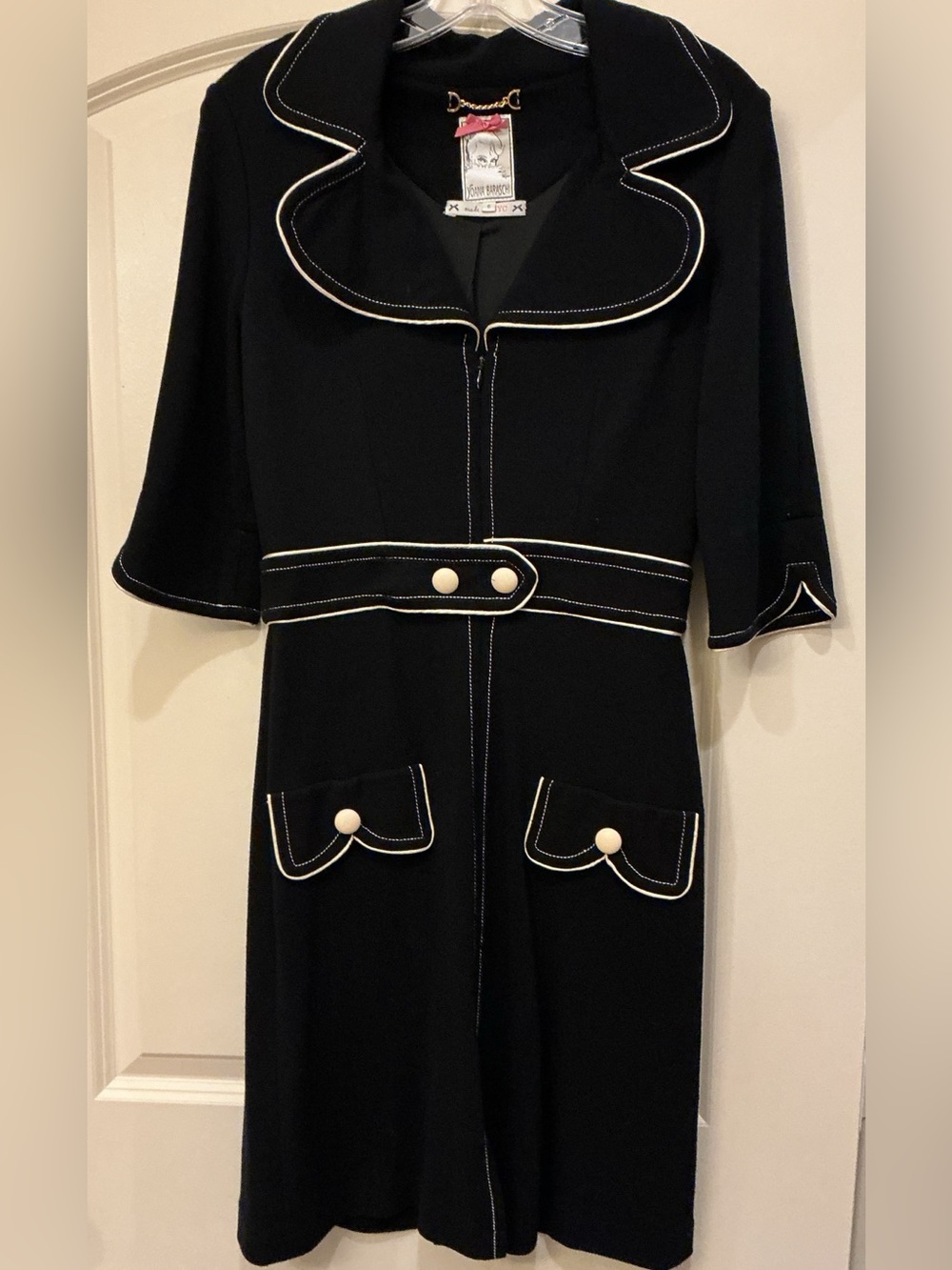 Yoana Baraschi Black Front Zip Coat Dress White Contrast Piping Faux Pockets 6